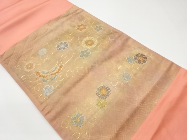 Nagoya obi with woven pattern of flowers, arabesques, and butterflies in a horiz